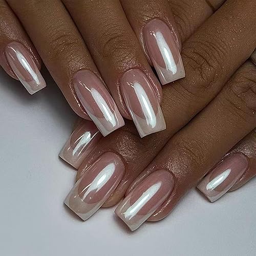 French Tip Press on Nails Square Medium Fake Nails Chrome