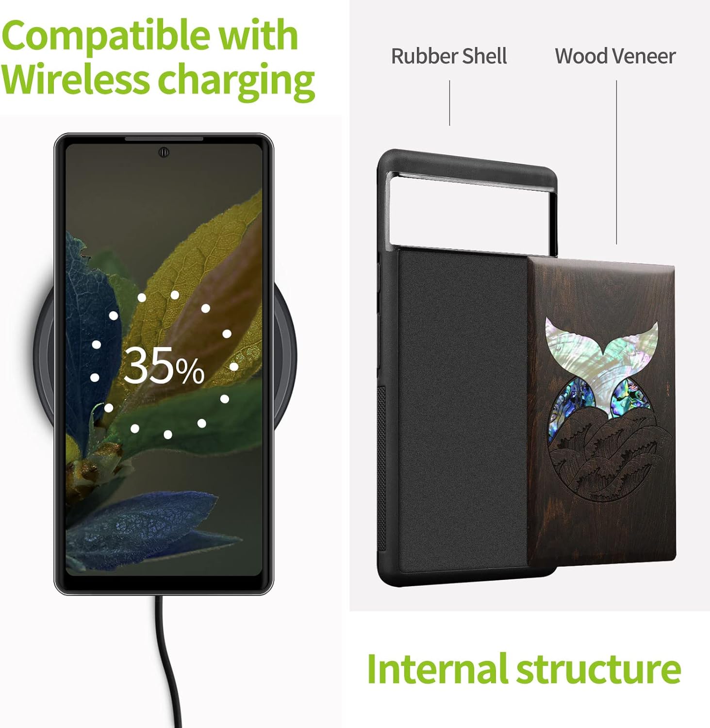 Carveit Designer Wooden Case for Google Pixel 6 Case Protective Cover [Wood Engraving & Shell Inlay] Unique Wood Phone Case Compatible with Wireless Chargers Pixel 6 (Whale Tail-Blackwood)