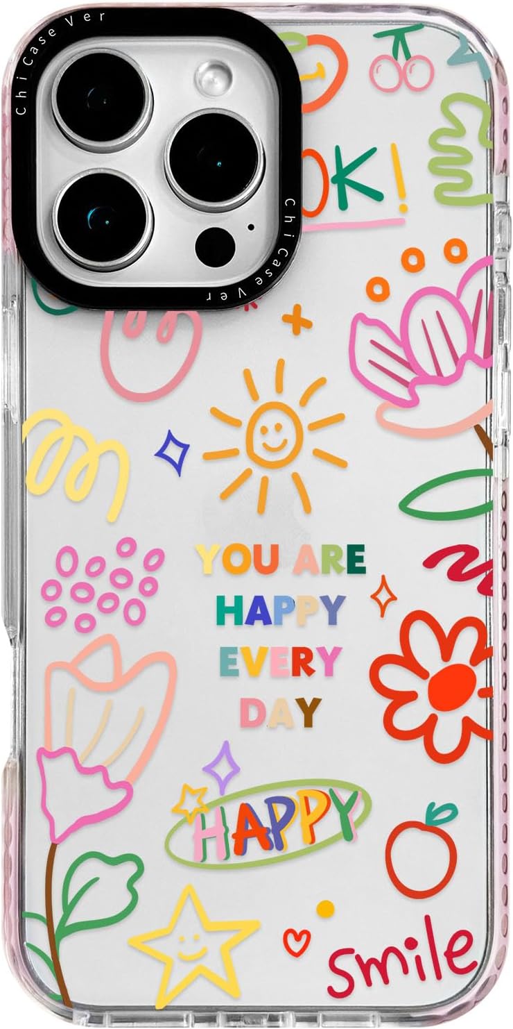 for iPhone 14 Pro Case, Doodle Happy Collage Pattern, Military-Grade Drop Protection, Cute Soft Slim TPU Protective Cover with Camera Lens Protection for Women & Girls GraffitiFloral iPhone 14 Pro