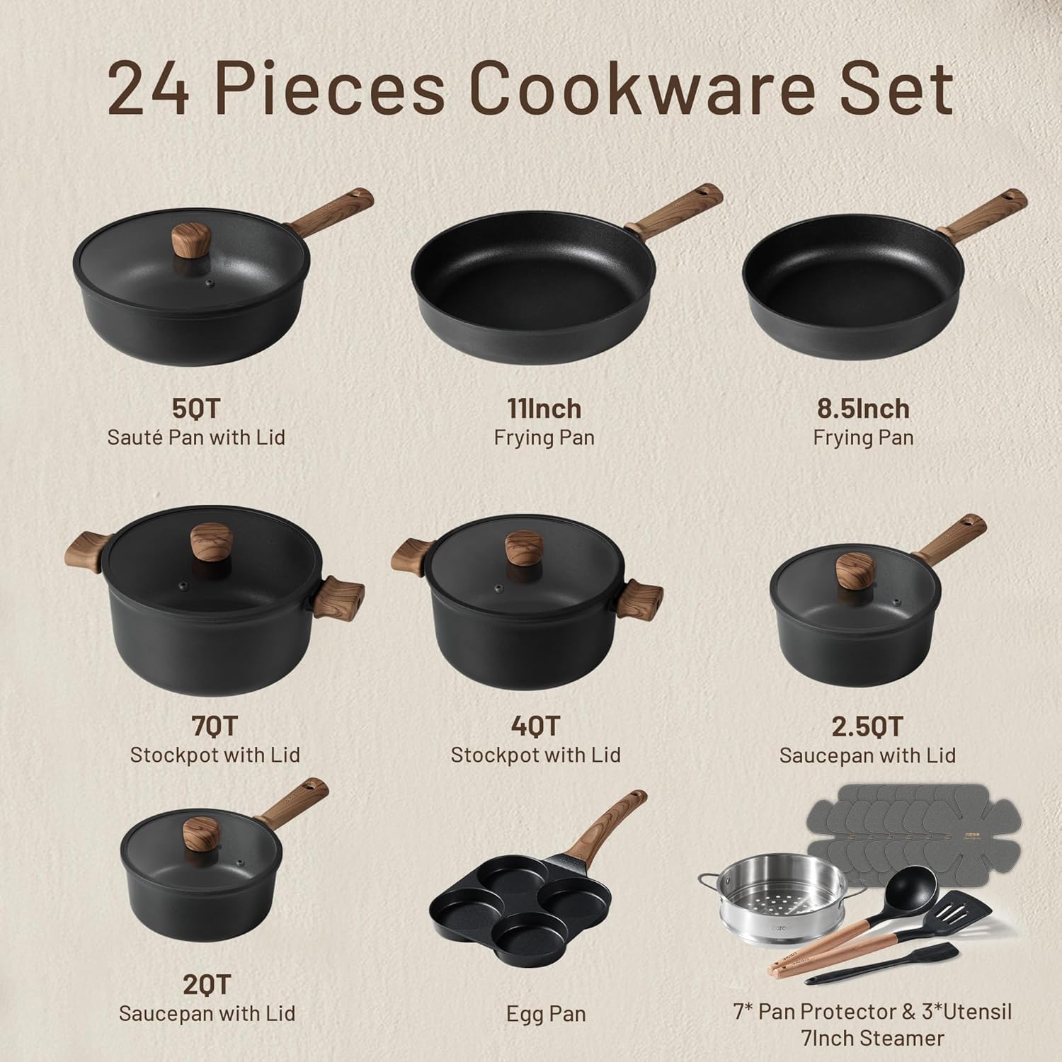 CAROTE 24Pcs Nonstick Kitchen Titanium Cookware Sets, Non stick Pots and Pans set, Induction Cookware Set Black - Image 2
