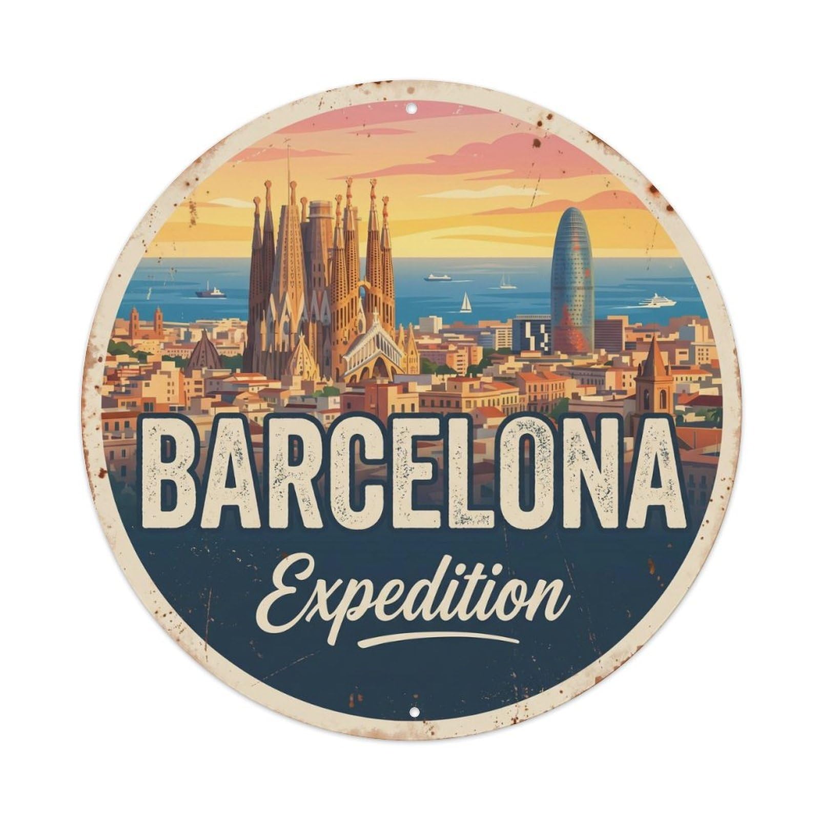 Vintage Travel Barcelona Cityscape Spain Expedition Metal Tin Sign Plaque Wall Decor for Cafe, Club, Garden Round Metal Poster 8x8Inch