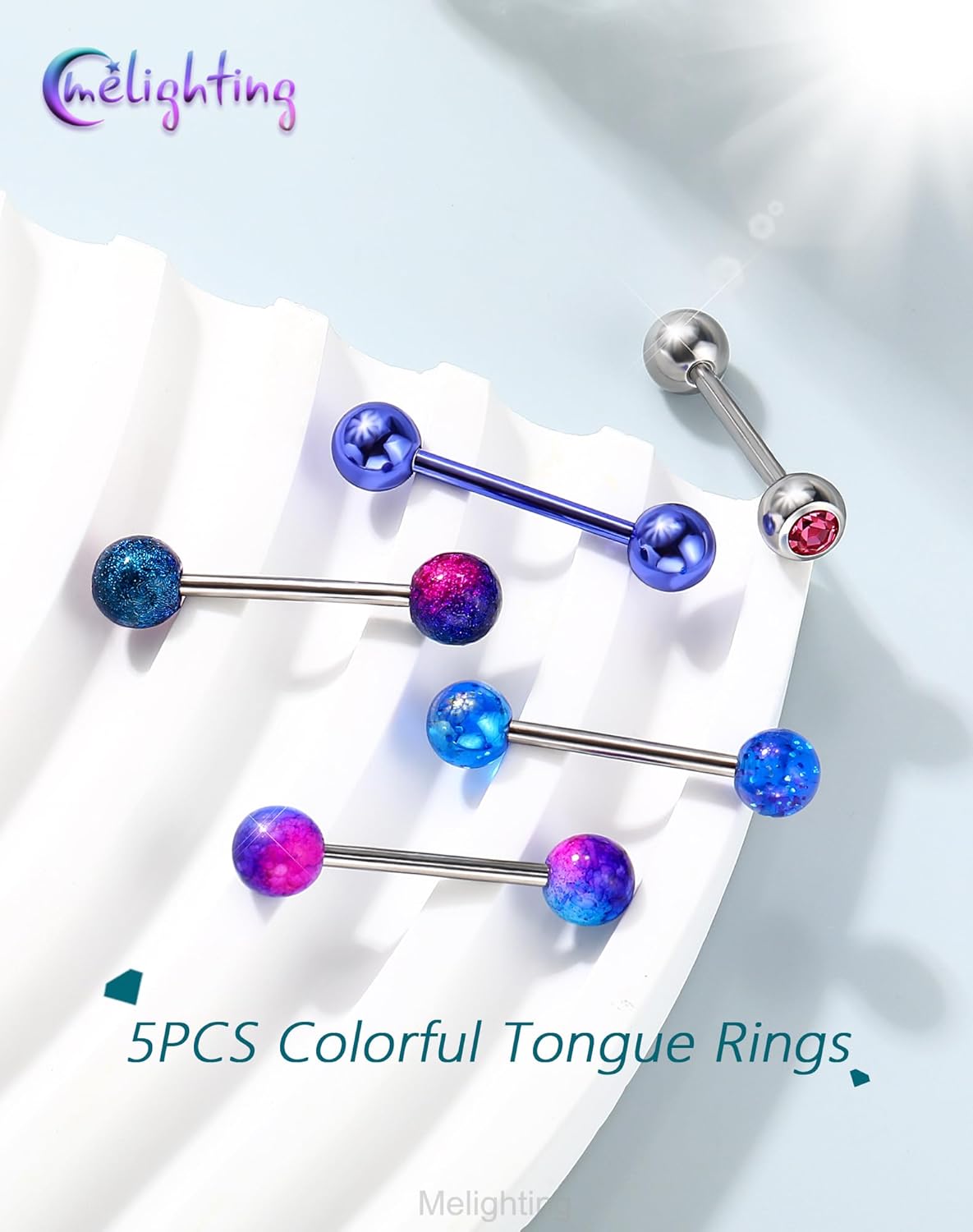 Melighting 14G 5PCS Tongue Rings Set, Purple Tongue Piercing Jewelry 316L Surgical Steel Piercing, Body Barbell Ball Bars Pack Clear CZ for Women 16 mm - Image 6