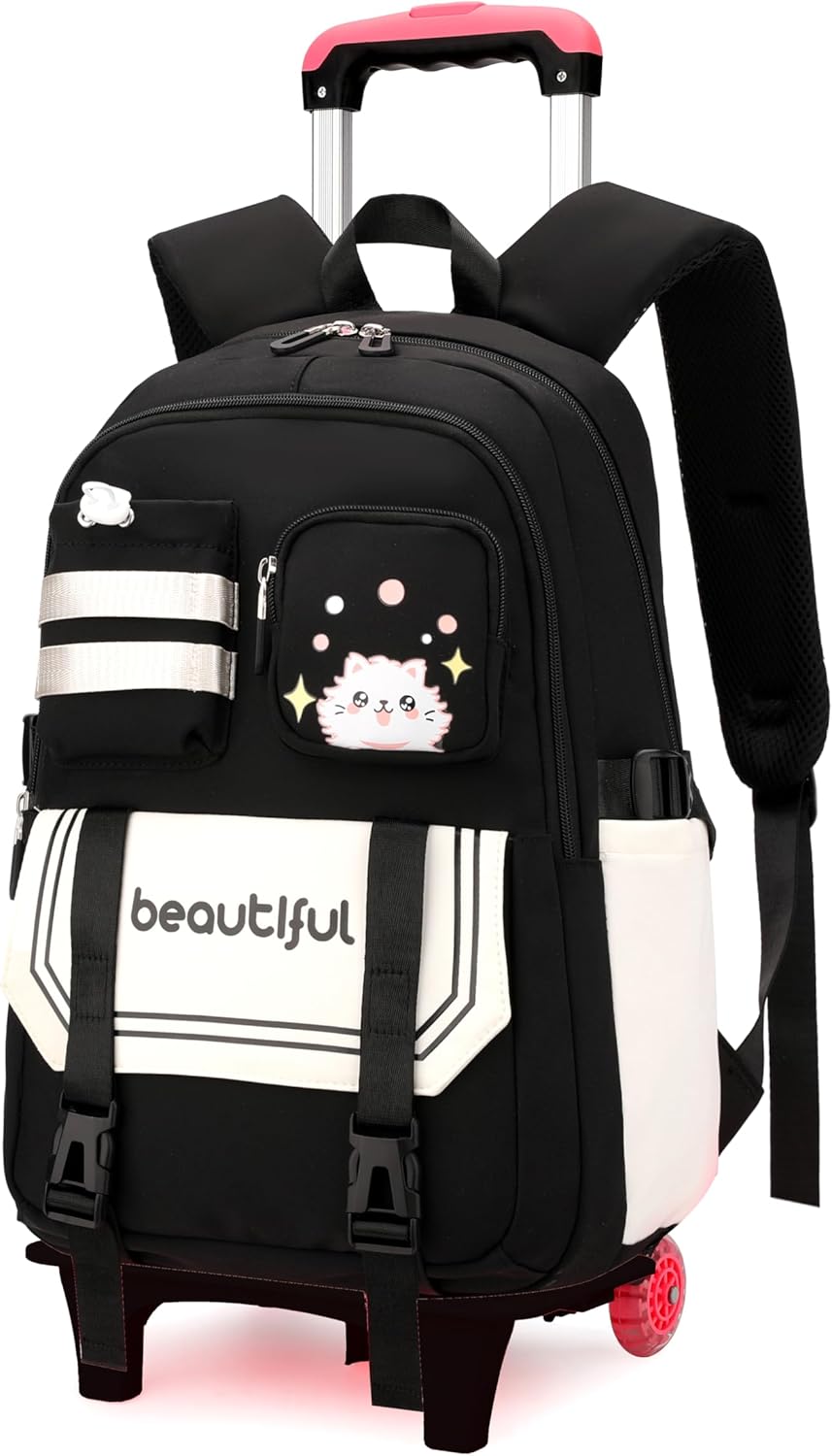 Cat Print Rolling Backpack for Girls Kids Backpack with Wheels Roller Bookbag Trolley School Bag Wheeled Bag Black