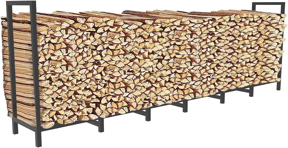 BALIE SPACE 8ft Outdoor Firewood Rack Holder with 14 Support Legs for Fire Wood Pile Storage, Adjustable Heavy Duty Log Stacker Stand Organizer, Black