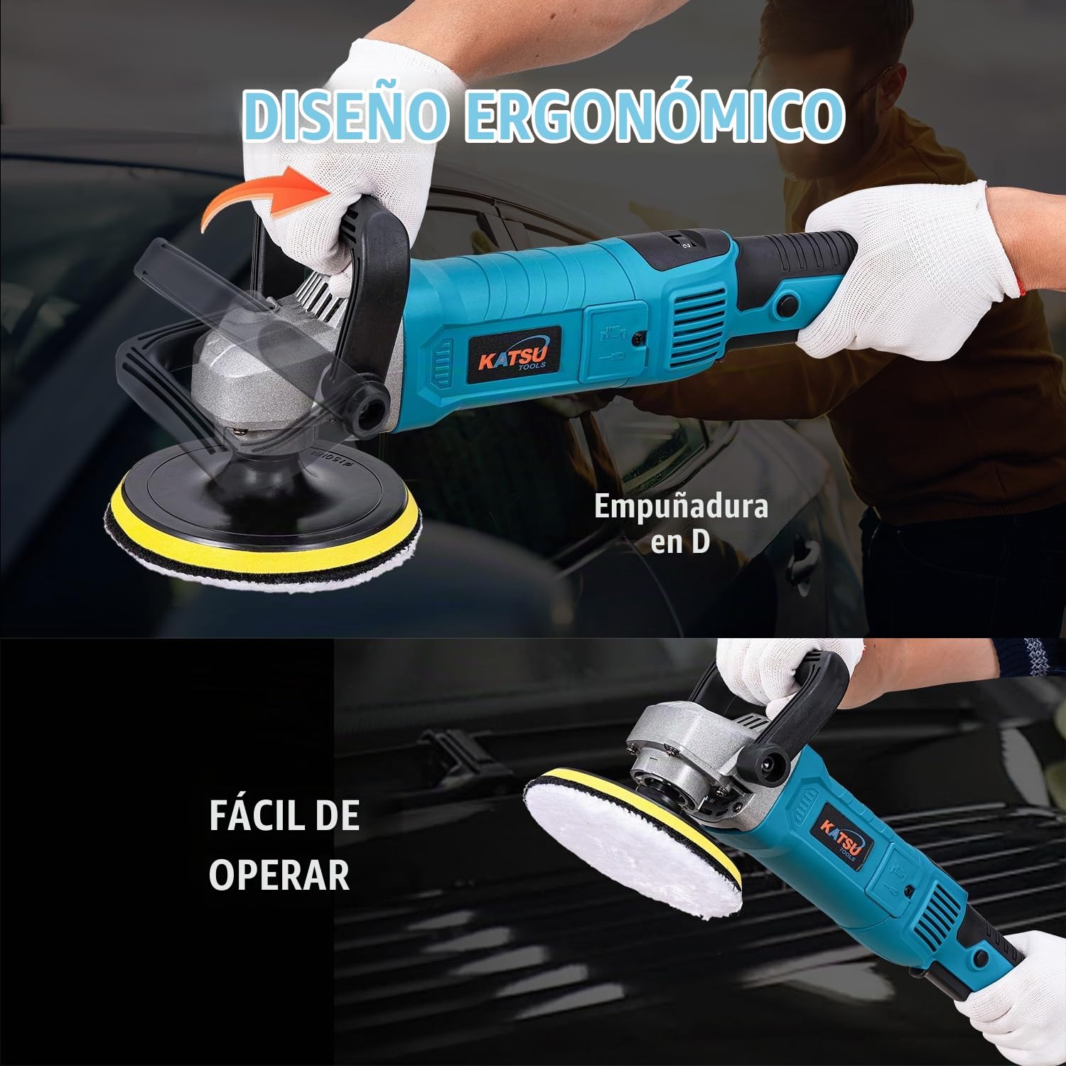 KATSU Tools Pulidora eléctrica coche 1200 W 150 mm – rotativa, 6 velocidades variables, lijadora angular máquina de encerado detailing