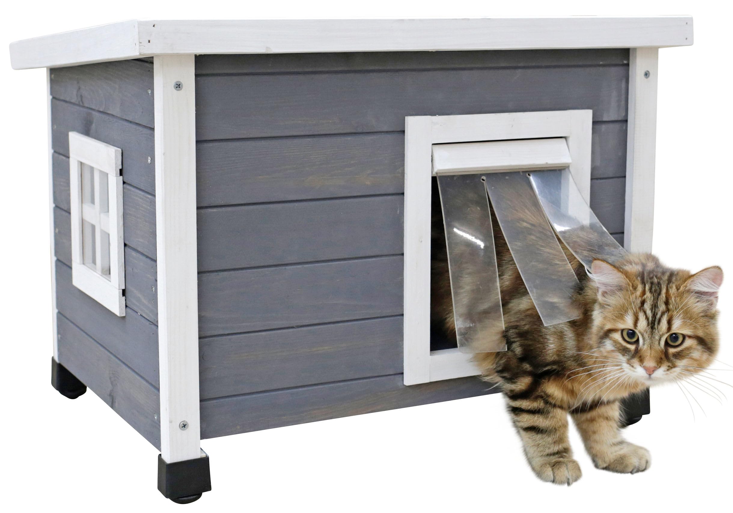 Kerbl Pet casa per gatti Rustica, cuccia per gatti, grigio/bianco, in legno massello, 57x45x42 cm, con porta a battente, finestra in plexiglass, piedini in plastica regolabili in altezza