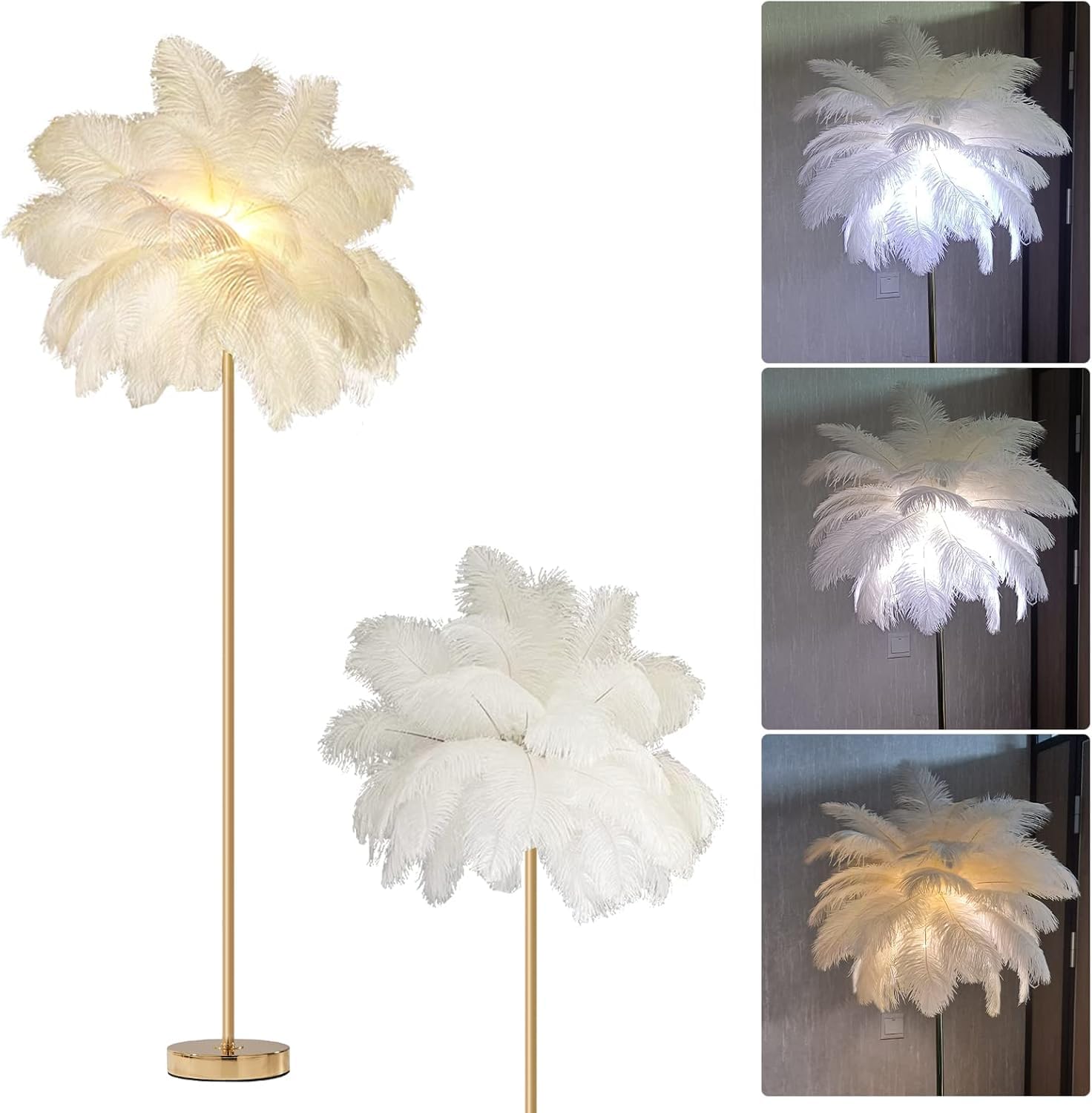 Atwnjkp LED Feather Floor Lamp,Natural Ostrich Floor Lamp,Pure Color Feather Lampshade,Modern Novelty Bedroom Girl's Room and Photo Props Atmosphere Decoration Feather Floor Light
