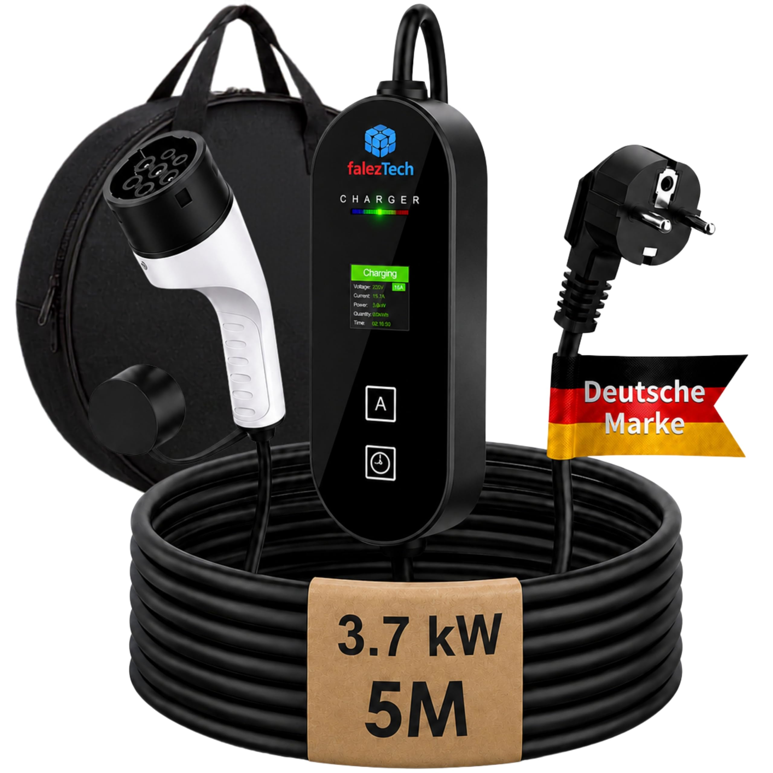 Ladekabel Elektroauto Typ 2 Schuko | 5 m - 3,7 kW | Für alle Typ-2 Elektroautos | LCD Anzeige | Ladekabel für sicheres Laden – ideal für den täglichen Einsatz zu Hause und unterwegs