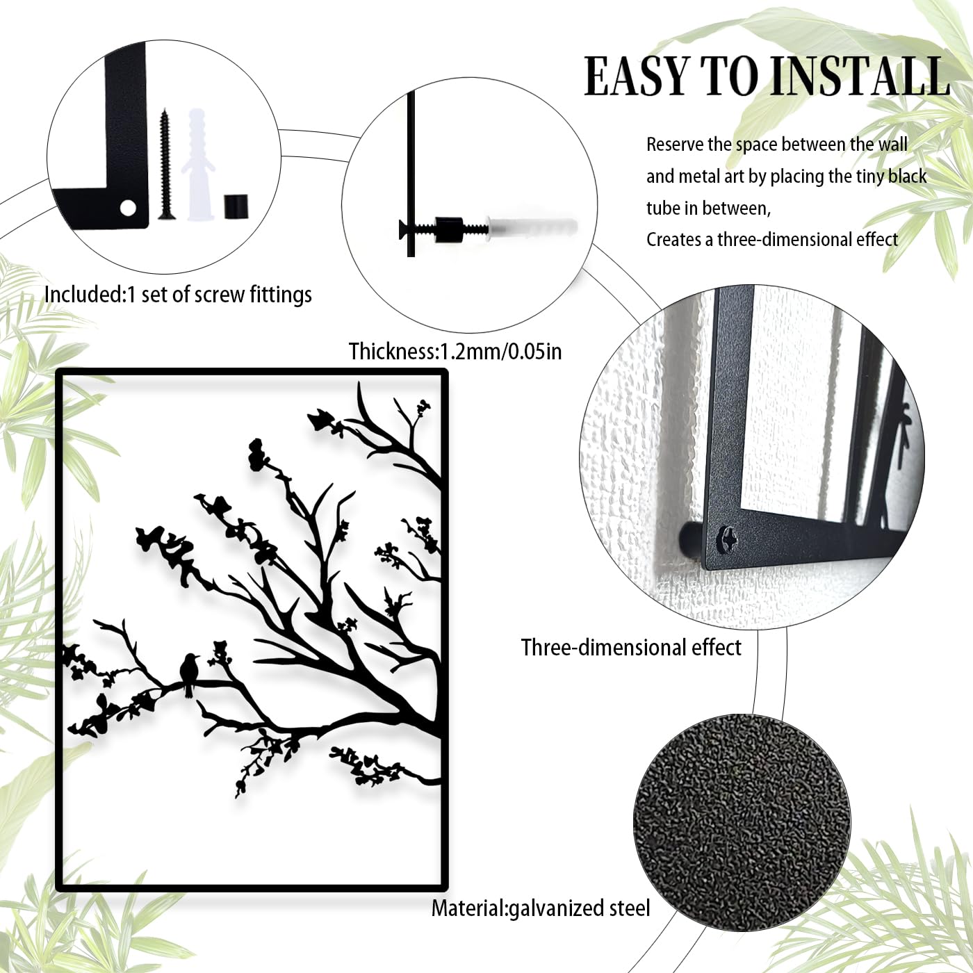 Pduoduo Décoration murale en métal 3 panneaux Ornement branche d'arbre moderne branche d'arbre pour la décoration murale de la maison (53in x 23,6in)