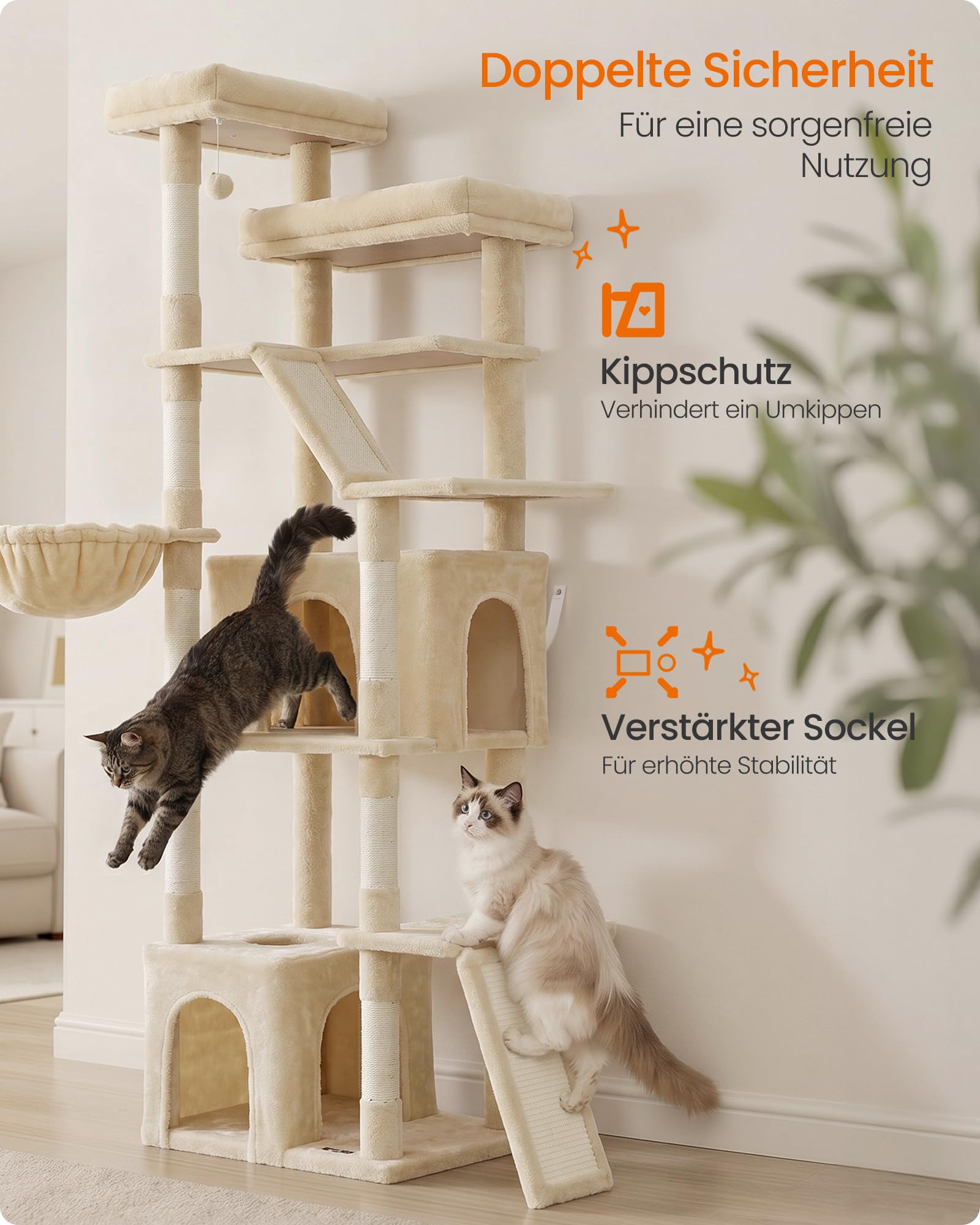 Feandrea Kratzbaum groß, 184,5 cm hoch, Katzenbaum, Katzenkratzbaum, mit 7 Kratzsäulen, 2 Kratzbrettern, 2 große liegefläche, 2 Höhlen, Hängematte, Plüsch, beige PCT014Y101