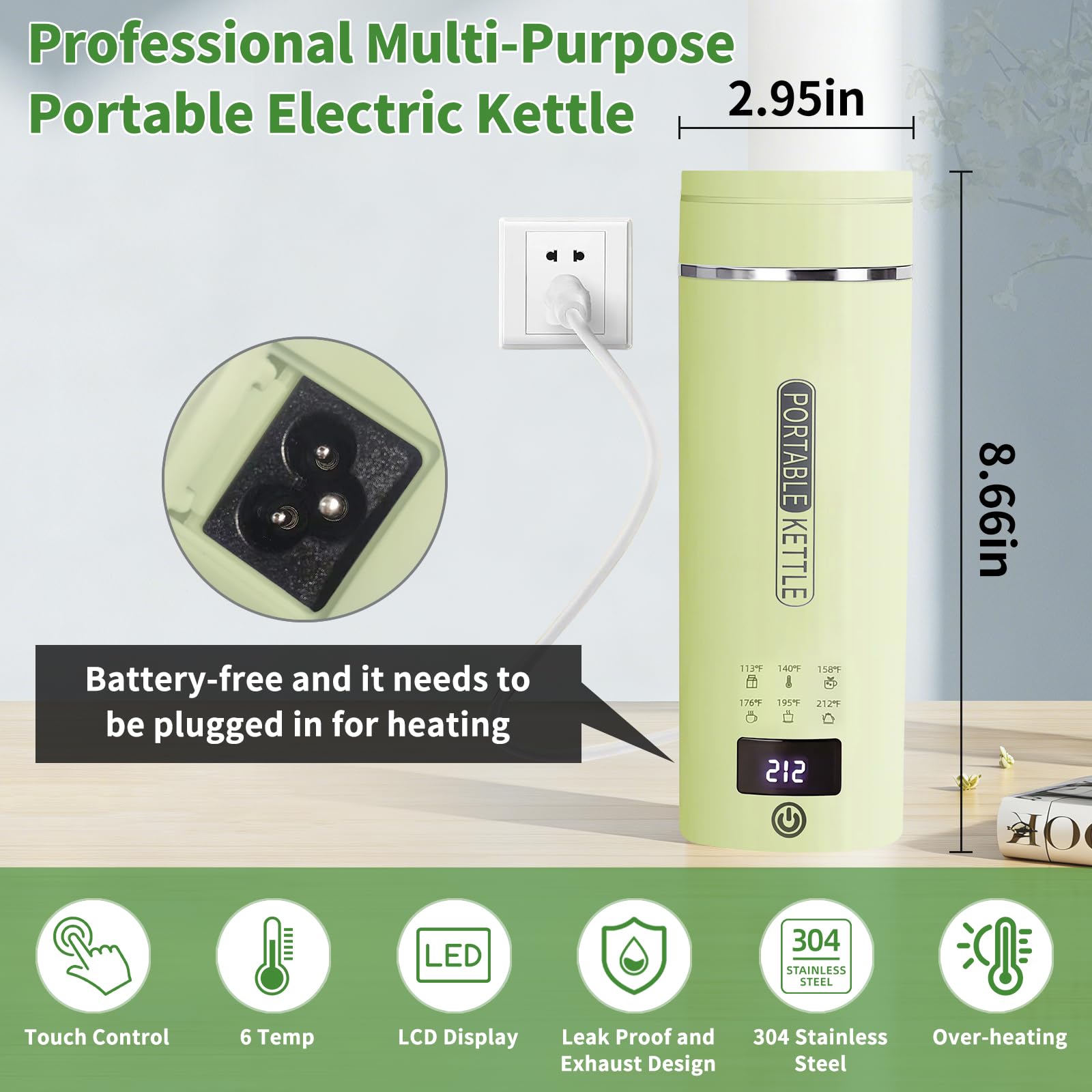 Bouilloire électrique de voyage verte avec écran LCD, 6 réglages de température, 450 ml, acier inoxydable 304, arrêt automatique et protection contre l'ébullition à sec, bouilloire électrique compacte