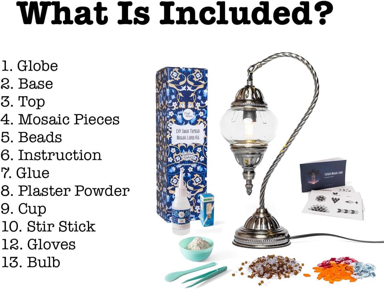 KRAFTSTORIES Turkish Mosaic Swan Neck Lamp Making Kit| DIY Colorful Glass Decorative Nightstand Table Light| Craft Kit |Make Your Own Lamp | Living Room Bedroom | Antique Bronze Base (Sunset)