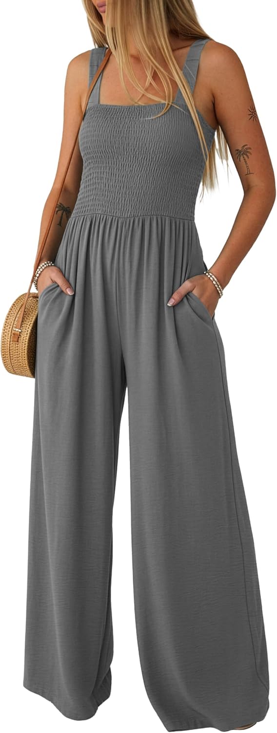 Lepunuo Jumpsuits for Women Casual One Piece Overalls Smocked Wide Leg Long Rompers With Pockets Beach Vacation