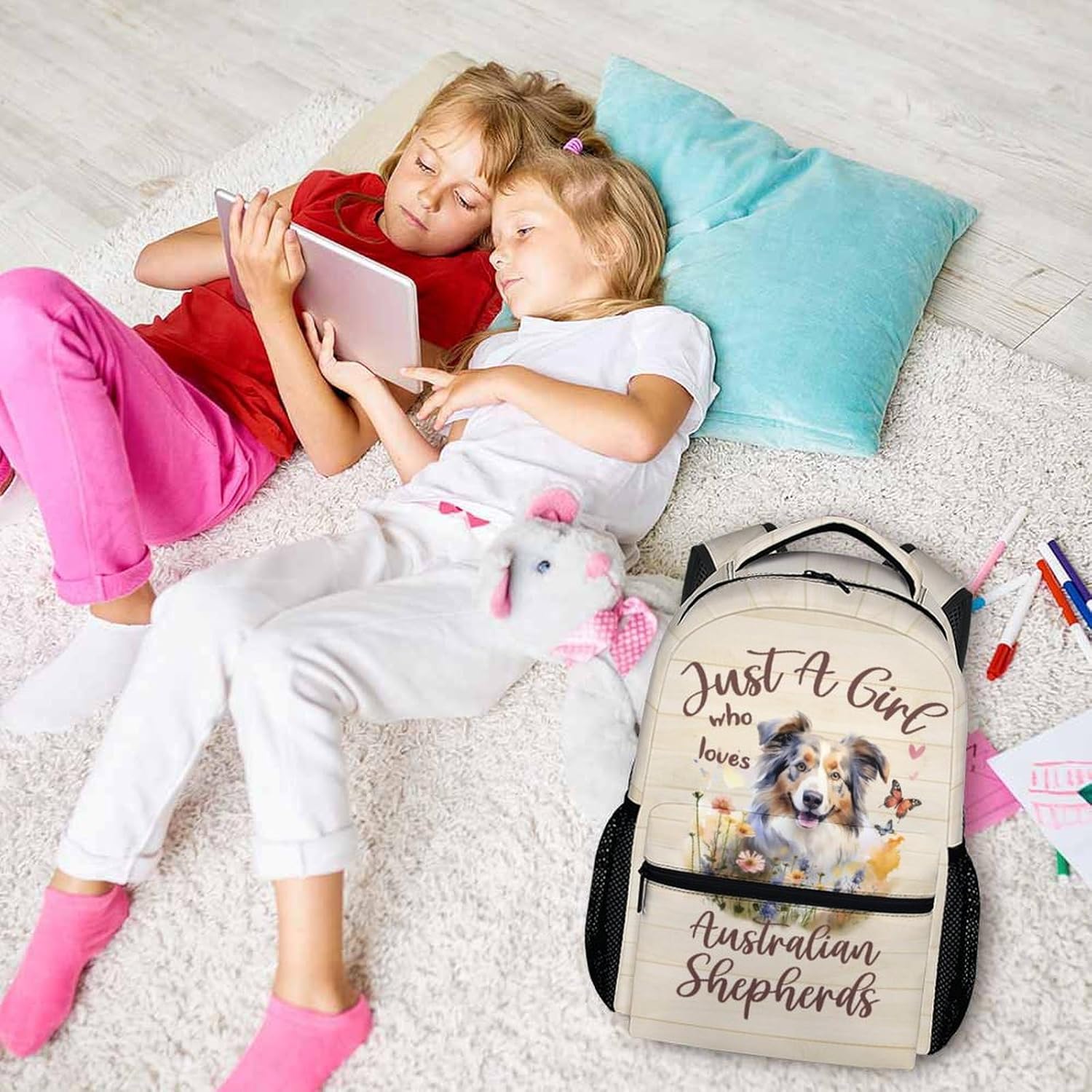 Cute Backpack for Dog Lovers, Cartoon Dog Theme Backpacks for Girls, 17" Australian Shepherd Print Bookbag for School, Beige Large Lightweight Daypack for Travel