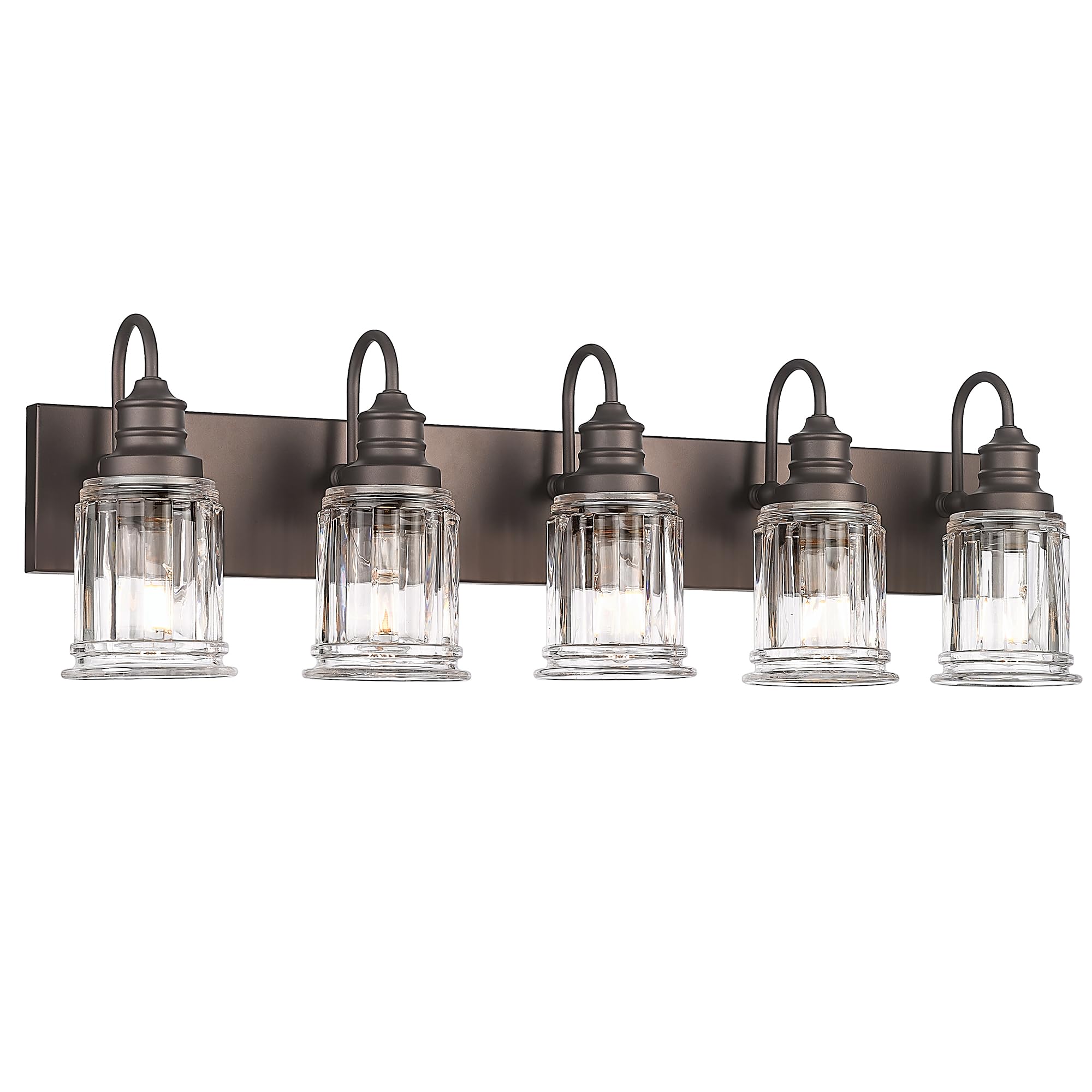 5 Light Bathroom Vanity Light - HWH Farmhouse Vanity Lights for Bathroom Wall Light Fixtures Over Mirror Oil-Rubbed Bronze, Bell-Shaped Fluted Clear Glass, 5HZG106B-5W ORB