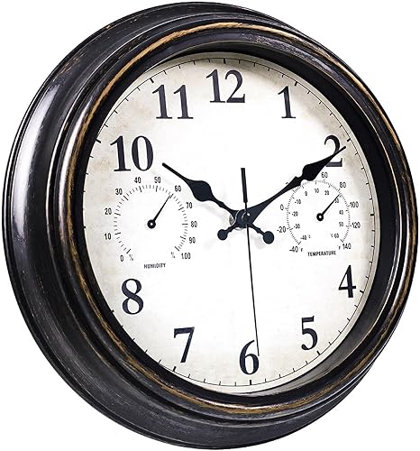 Miniatura 5 de JoFomp Relojes de exterior para patio, reloj de pared exterior grande de 12 pulgadas, impermeable, con termómetro e higrómetro, reloj de pared