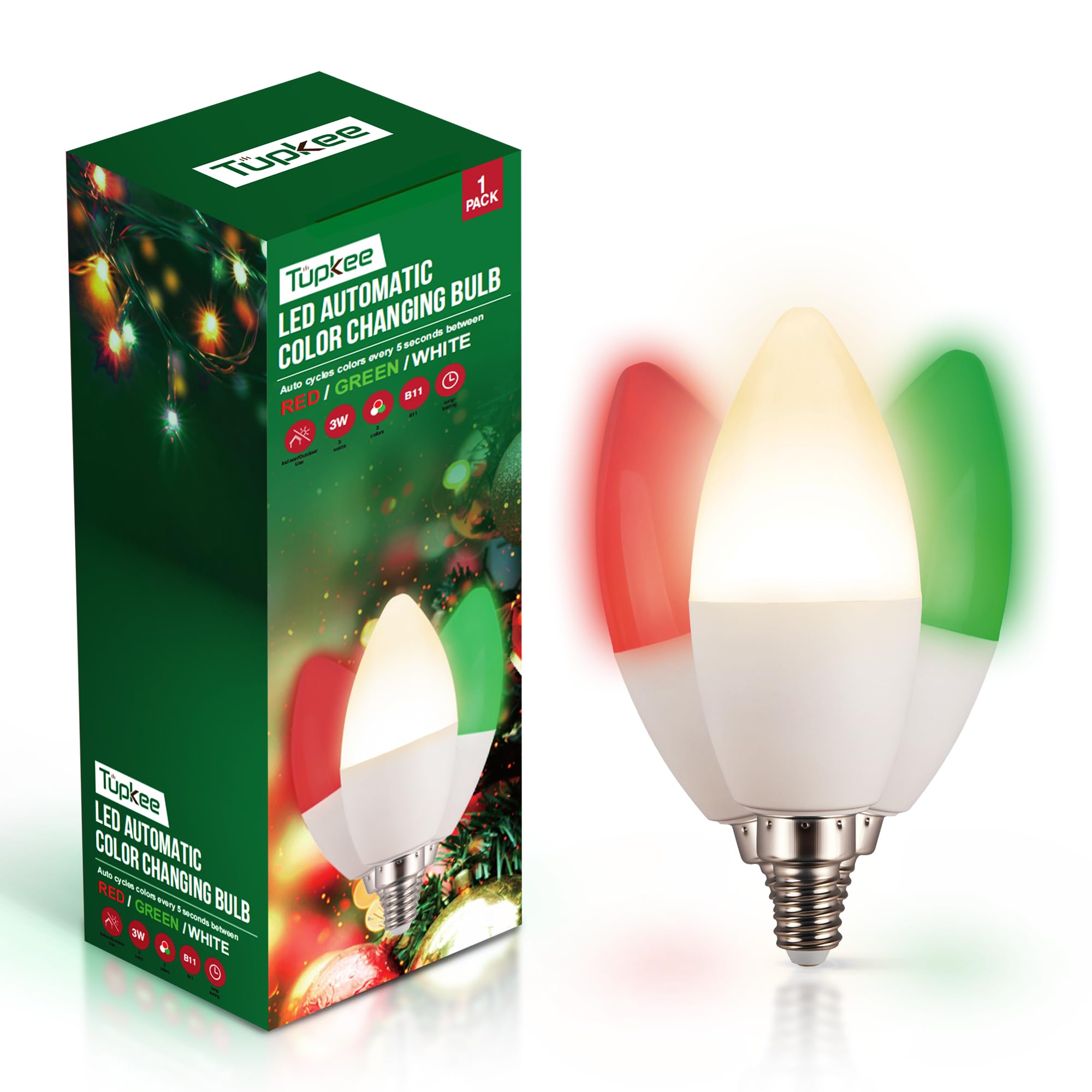 Tupkee LED Automatic Color Changing Bulb - Automatically Cycles Between Red/Green/White Every 5 Seconds – C37/B11 Candle Bulb, E12 Base, 3W Christmas Window Candles Light Bulb Holiday Decoration