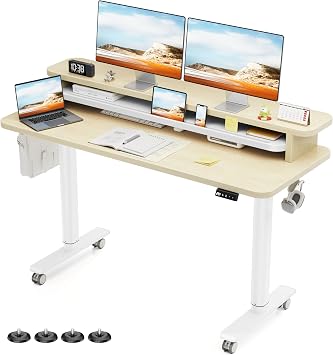 Flycity Electric Standing Desk with Dual Monitor Stand, Height Adjustable Desk Sit Stand Desk with Memory Controller, Casters & 2 Hooks, Low Noise Home Office Desk Maple, 55" x 24"