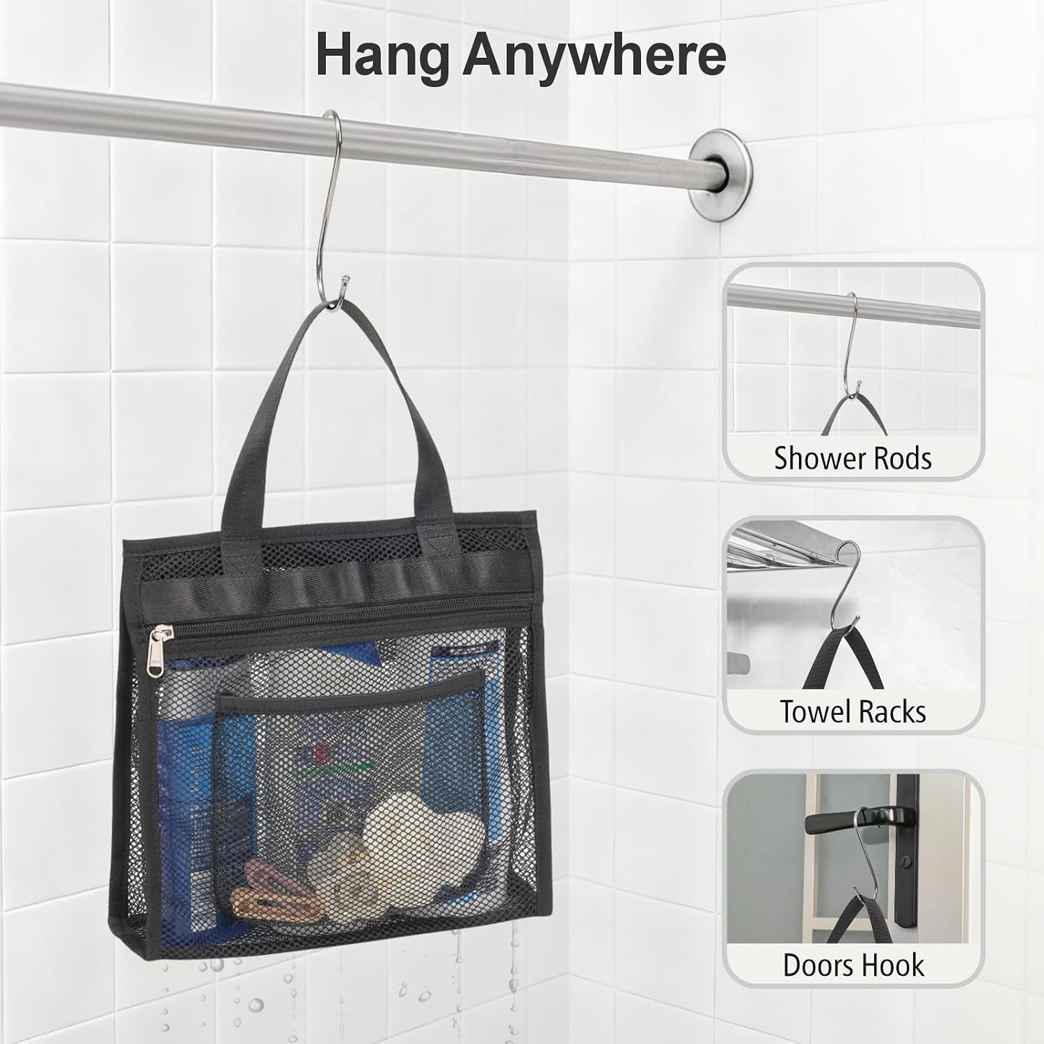 Small Mesh Shower Caddy Portable - Zipper Gym Shower Bag for Travel, Black