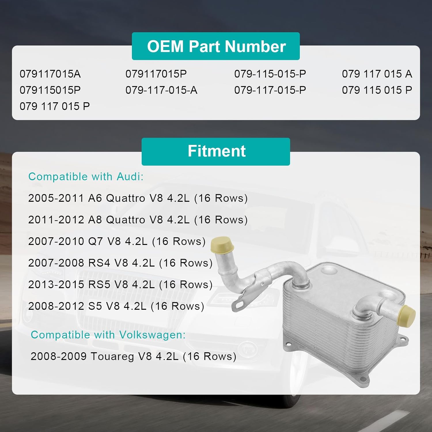 AULINK 079117015A Engine Oil Cooler (4.2L V8) Compatible with Audi Q7 2007-2010,A6 Quattro 2005-2011,A8 Quattro 2011-2012,RS4 2007-2008,RS5 2013-2015,S5 2008-2012,For VW Touareg 2008-2009,079115015P