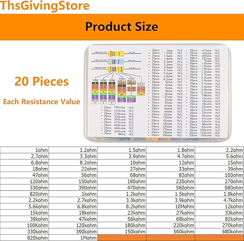 Miniatura 2 de Kit surtido de resistencias de 73 valores de 1460 piezas, 1 ohmio - 680k Ohm 14w 1% Metal Resistors Kit con caja de almacenamiento para proyectos y