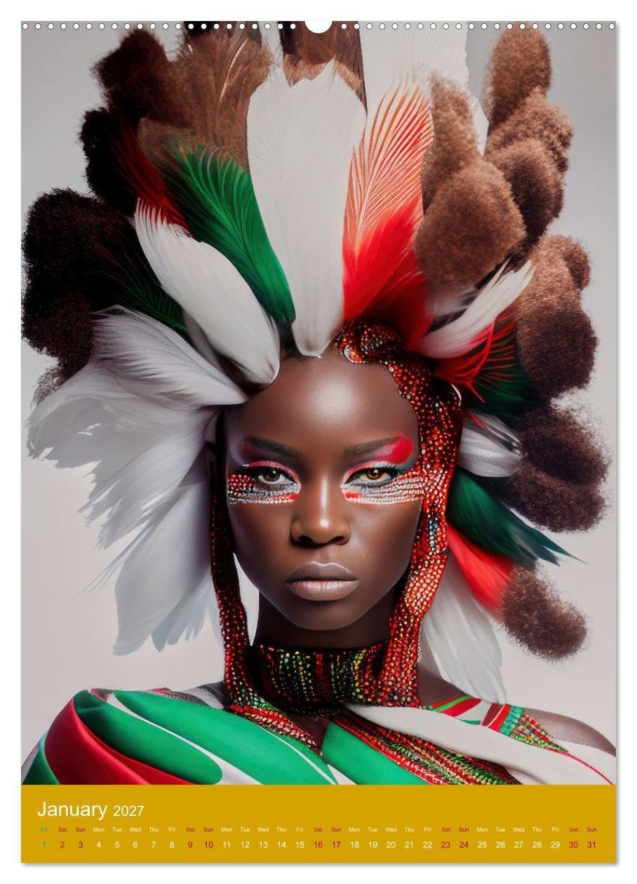 African beauties in a feather style (High Quality Premium Wall Calendar 2027 DIN A2 portrait),CALVENDO 12 Month Wall Calendar: Unique art design of African beauties in feathers