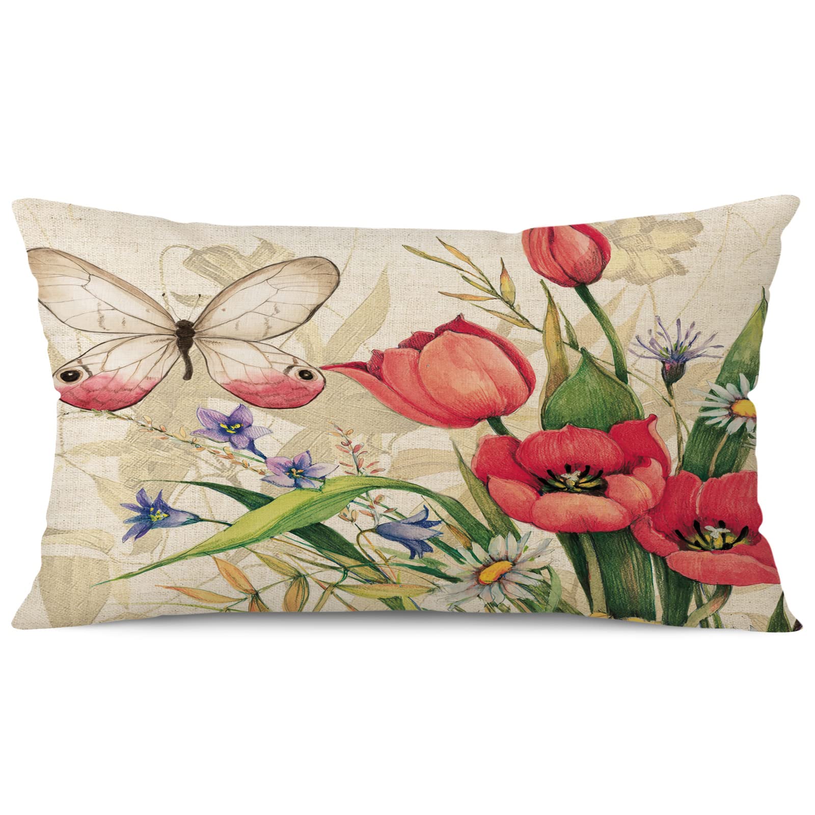 Federe Cuscini Decorative Ueerdand Primavera – Set Da 4, 45x45 Cm, Cotone E Lino, Motivo Bicicletta E Farfalla - 3