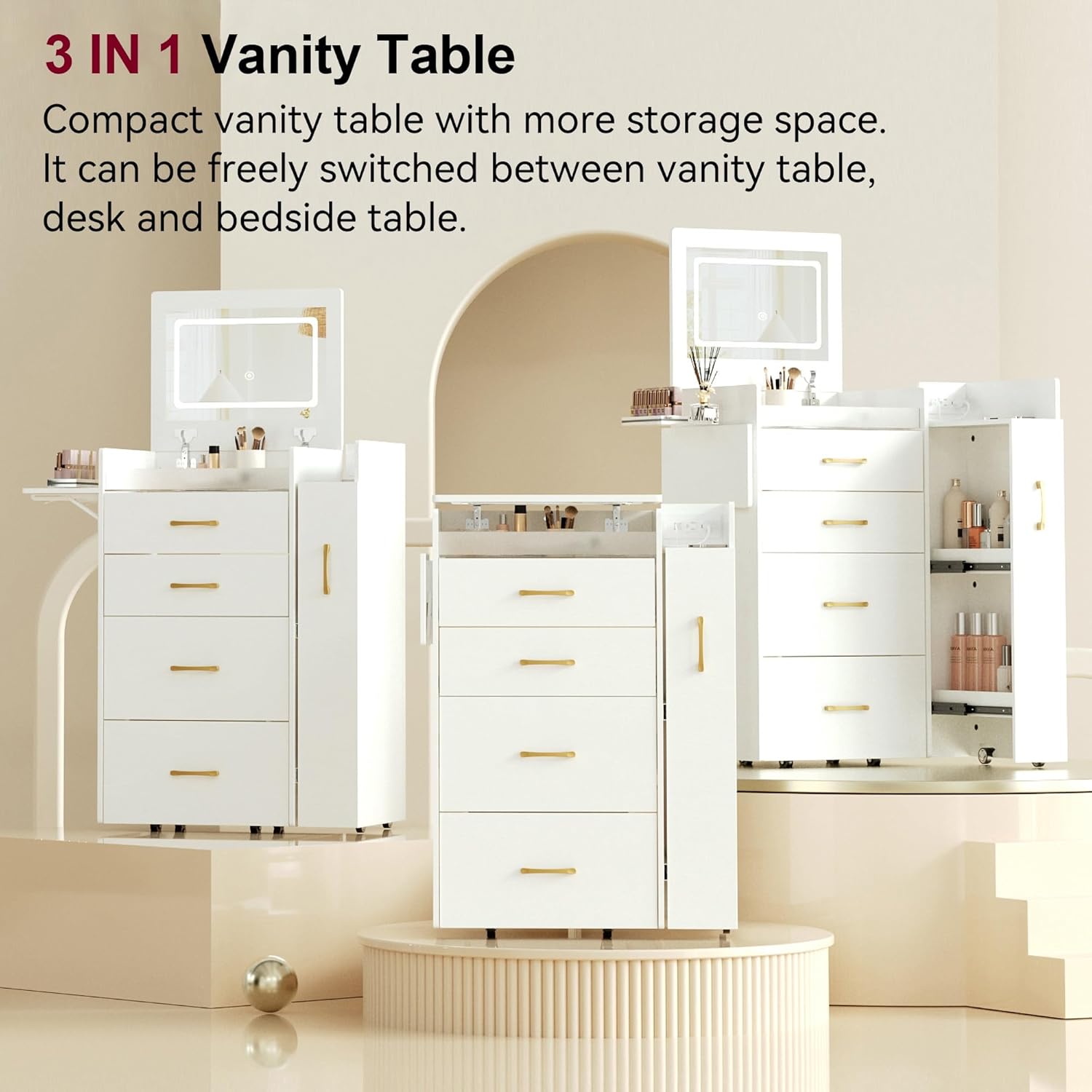 Small Vanity Desk,Compact Vanity Set with Power Outlet,3 in 1 Makeup Vanity with Lights with 3 Modes Lighting,Plip Mirror,Sliding Cabinet,Storage Stool,Dressing Table,White Vanity PT01DTM
