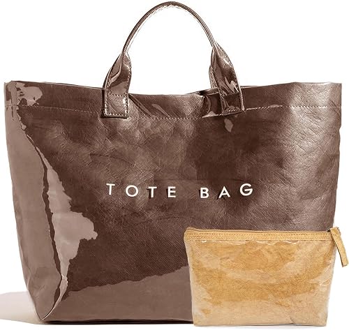 RUNSOON PVC Trendy Tote Bag for Women, Kraft Paper the Letter Print Tote Bag Lar
