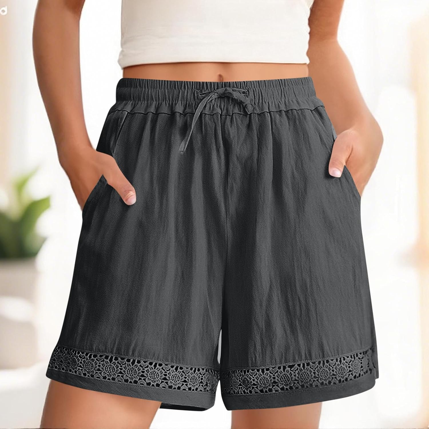 Women's Plus Size Lace Hem Shorts Elastic High Waist Casual Drawstring Shorts Lightweight Bottoms Slacks with Pockets