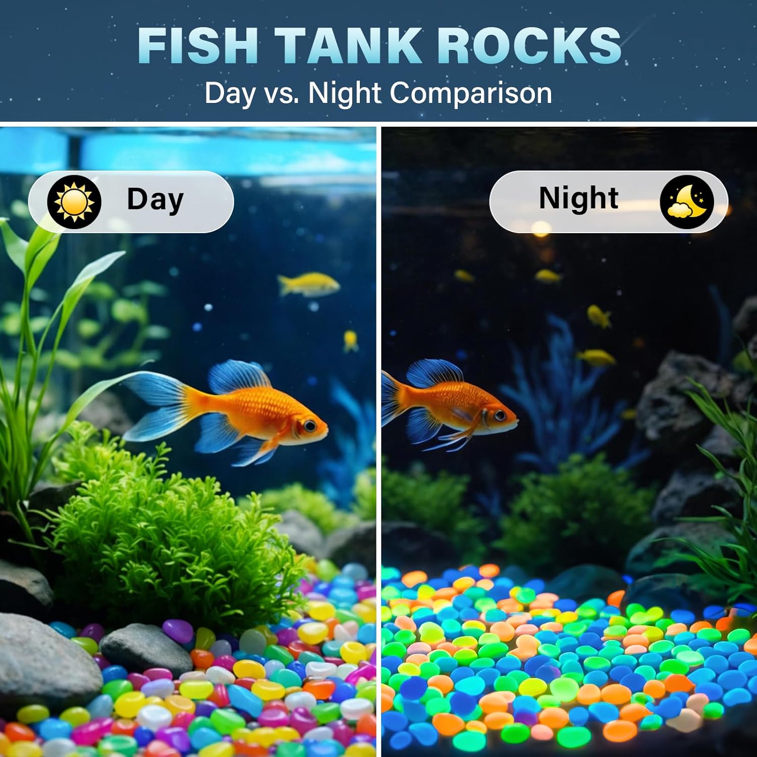 PoYang 1000pcs Glow in The Dark Rocks Outdoor - Multicolor Resin Glowing Pebbles for Landscaping, Garden, Fish Tank & Aquarium Indoor Decor, Powered by Sunlight or Lamplight (0.4"-0.7"/pc, 1.2lbs/bag)