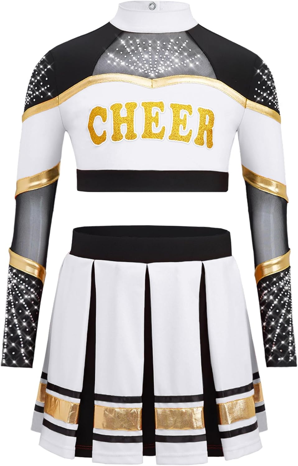 Linjinx Kids Girls Shiny Rhinestone Long Sleeve Cheerleading Uniform Crop Top with Skirt Set Performance Dancewear