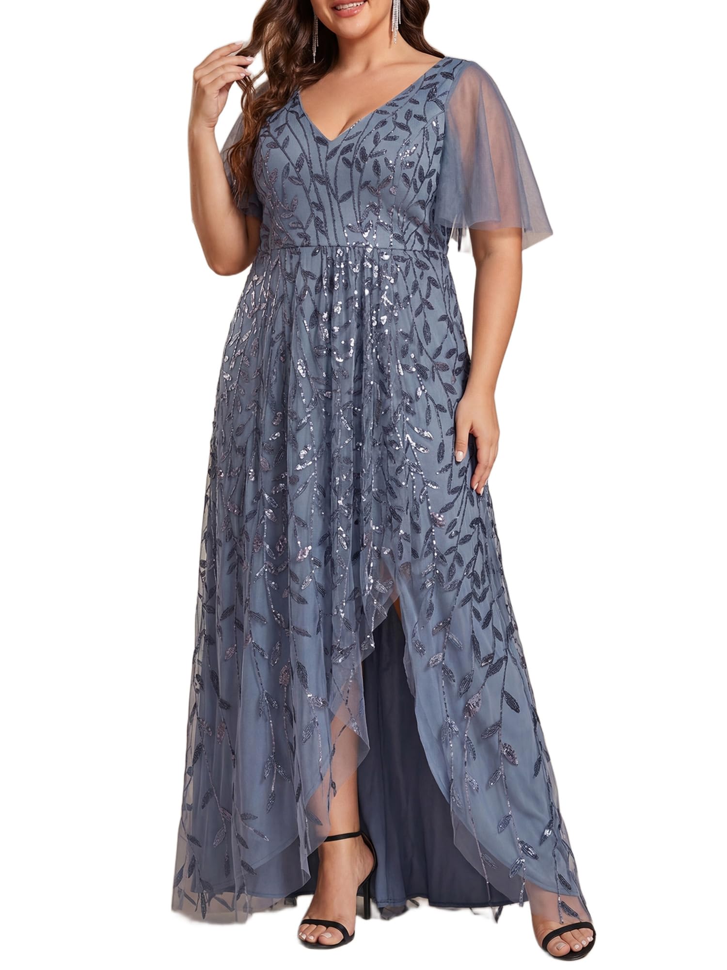 Ever-Pretty Abito da sera formale da donna con paillettes ricamate a fessura alta e bassa linea taglie forti 2083-DA