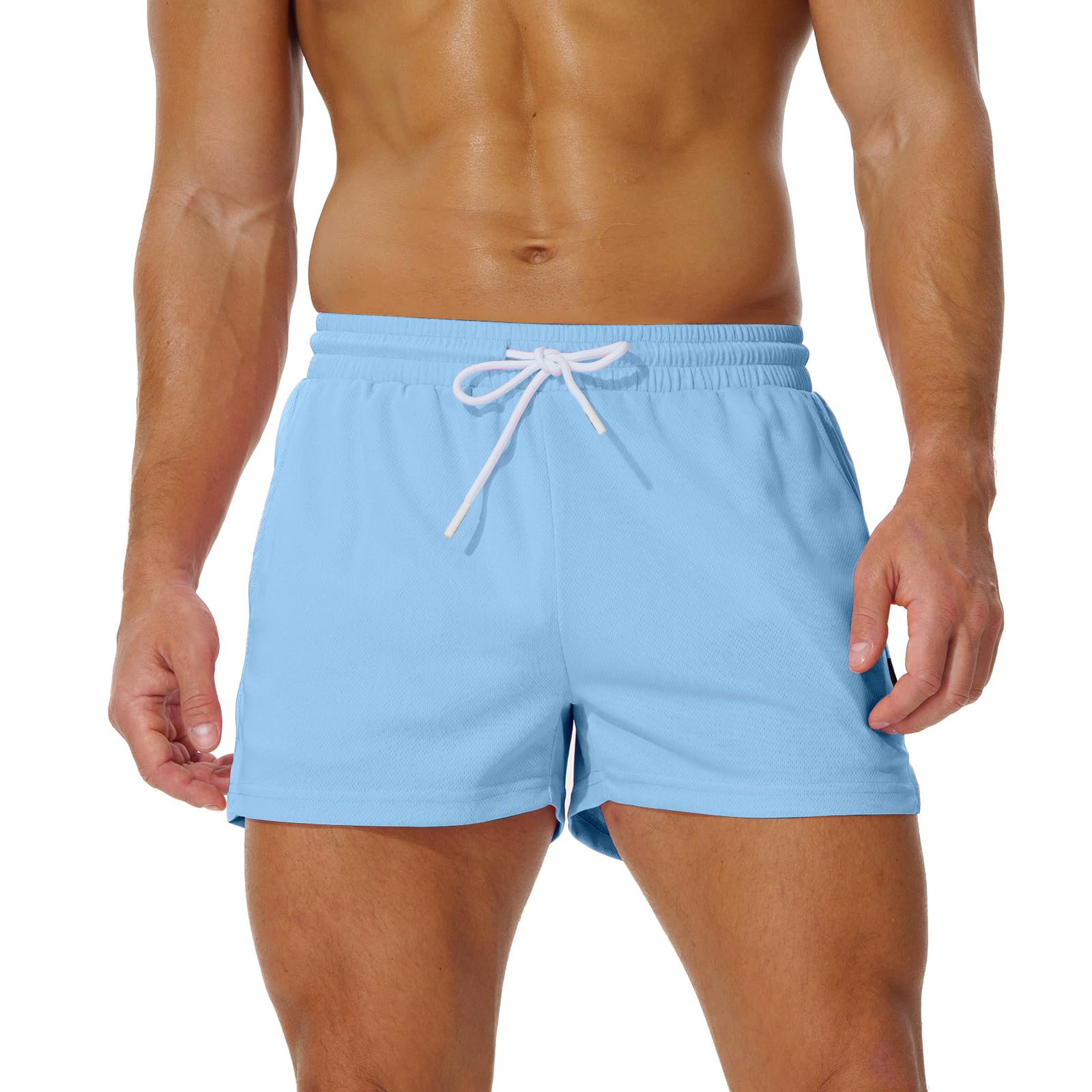 AIMPACT Sporthose Herren Kurz 3 Inch Mesh Basketball Shorts Herren Atmungsaktive Jogginghose Kurz Tennishose mit Taschen (Hellblau-L)