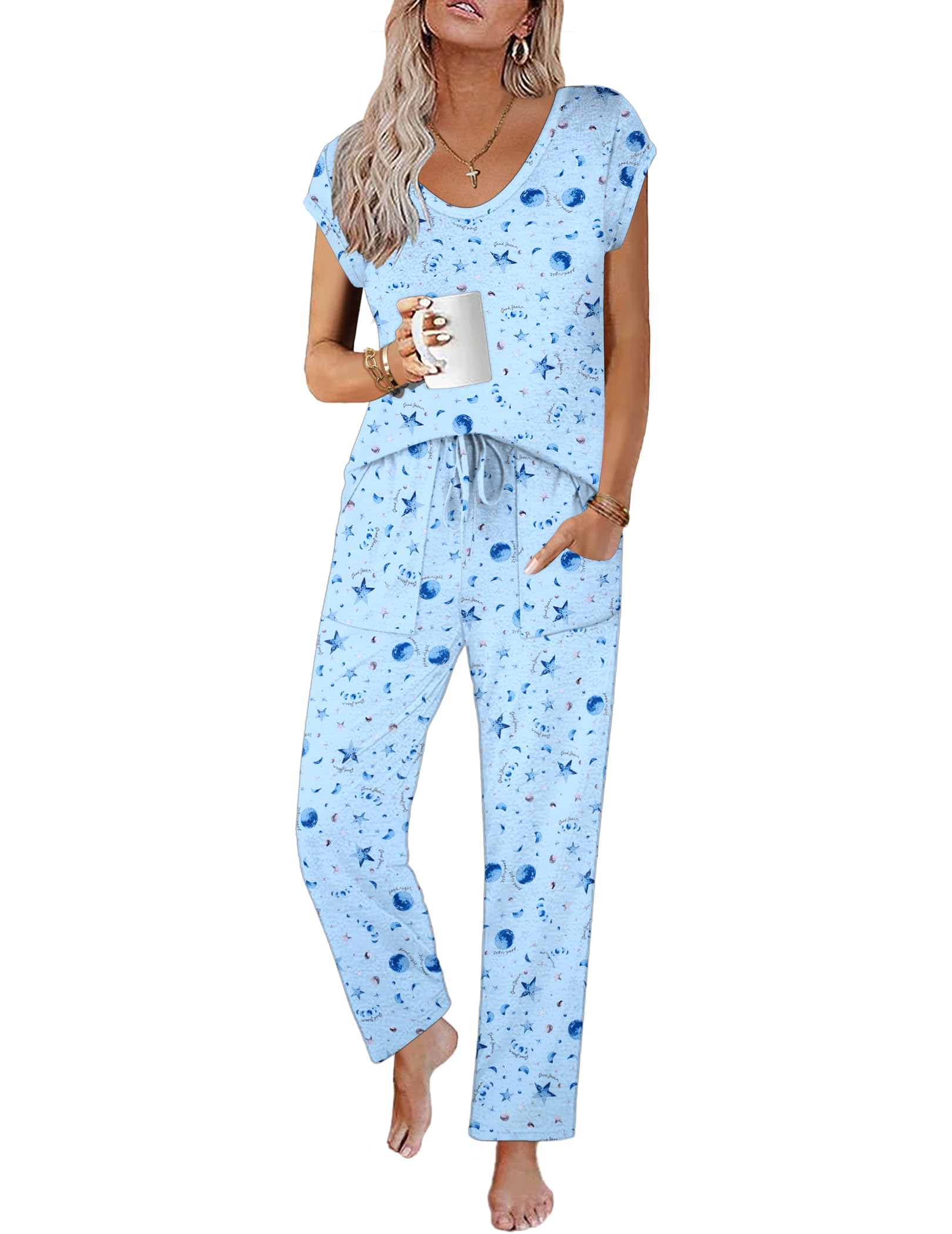 Ekouaer Womens Pajama Sets Short Sleeve Sleepwear Tops and Long Pants V Neck Pjs 2 Piece Lounge Set with Pockets S-XXL