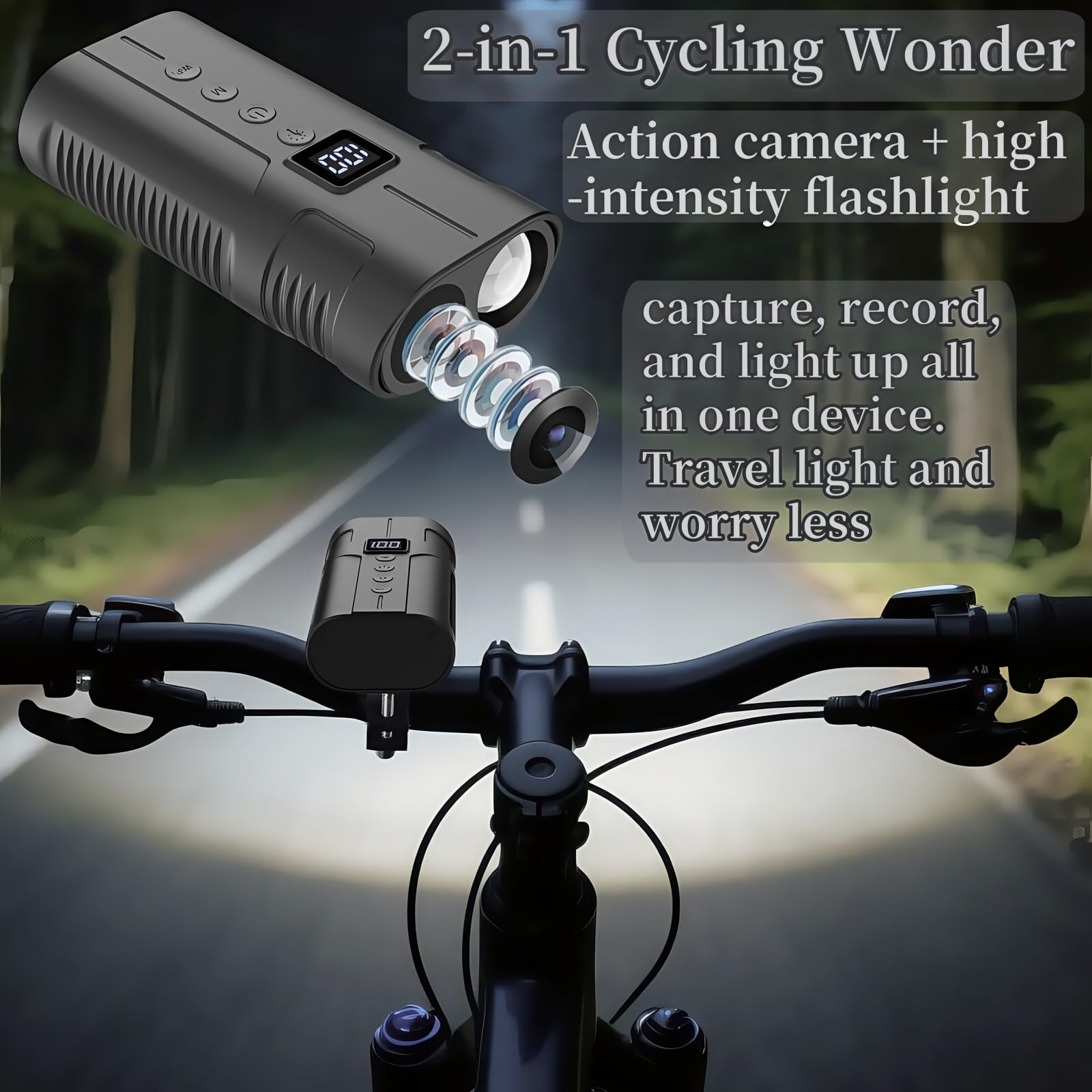 PIEPIE Videocamera sportiva con luce anteriore per bicicletta, 1080p, HD, con memoria da 64 GB, registrazione 10H, faro LED ricaricabile per guida notturna, accessori per bici da cross, mountain bike