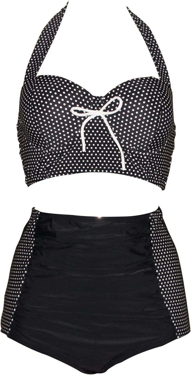 Vintage Two Pieces Swimwear Halter Push Up High Waisted Bikini Pin Up-KJ5582-BKP2