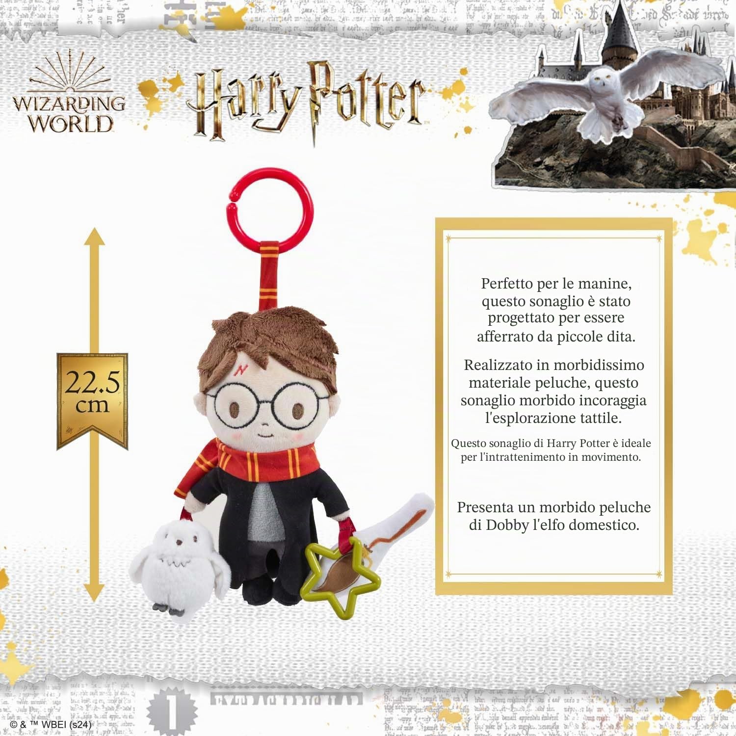Harry Potter On the Go Activity Toy - Carrozzina e passeggino con clip giocattolo per neonati con scopa increspata e gufo che squittisce, giocattolo sensoriale di Harry Potter per bambini, accessorio