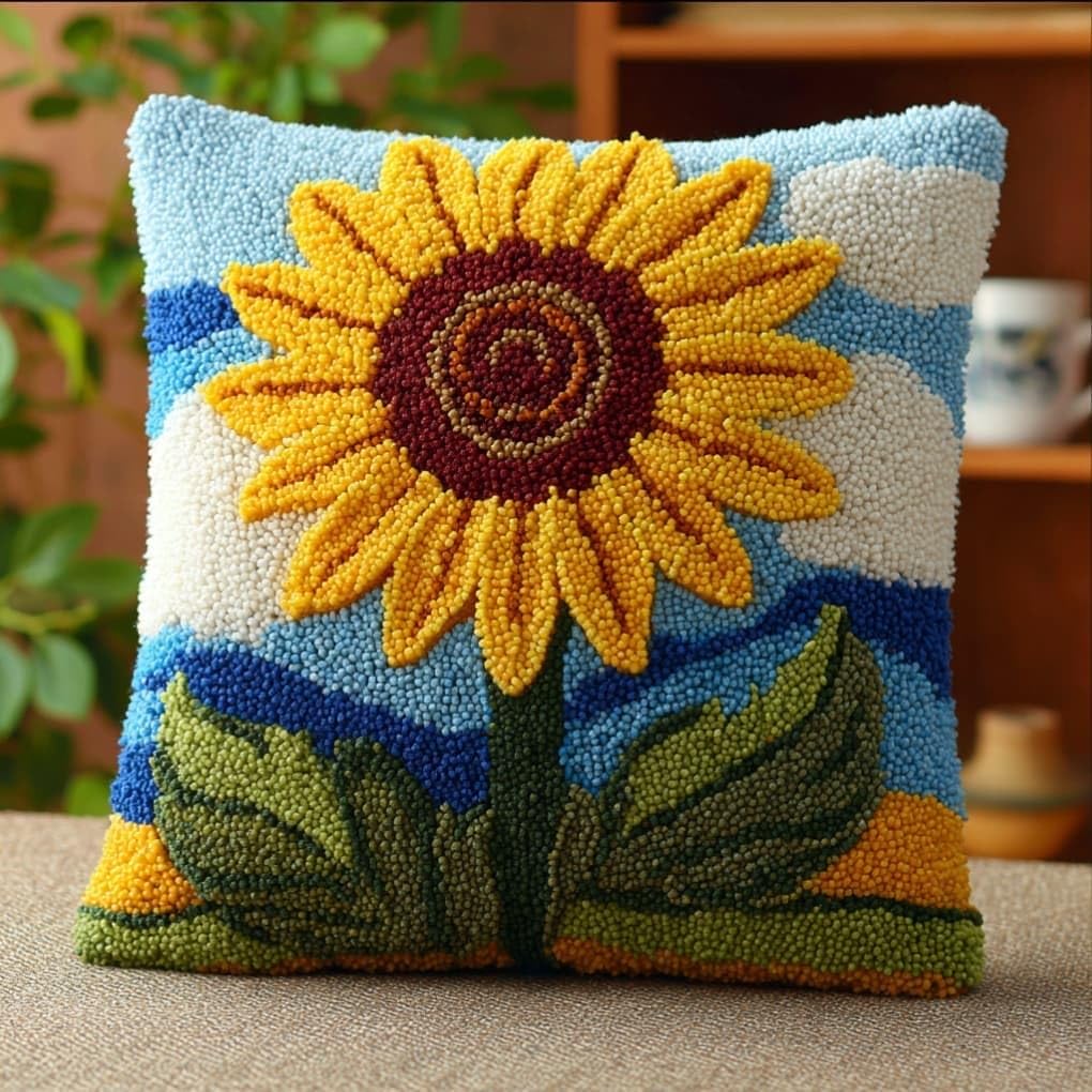 Taxpy Latch Hook Cushion Kits Sunflower Pillowcase Kits Embroidery Kit 17X17 Inch DIY Needlework Pillow Cover Sofa Cushion Rug Making