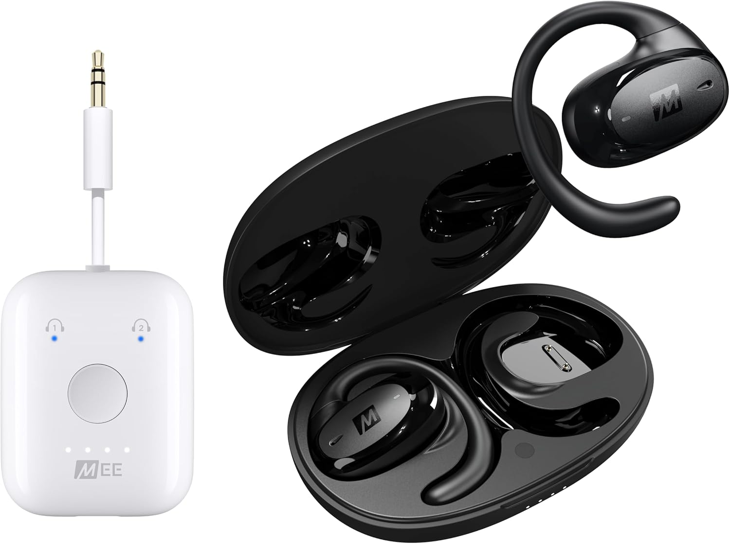MEE audio Connect Air in-Flight Bluetooth Wireless Audio Transmitter Adapter and AirHooks Pro True Wireless Open Ear Sports Headphones Bluetooth Earbuds Bundle, White