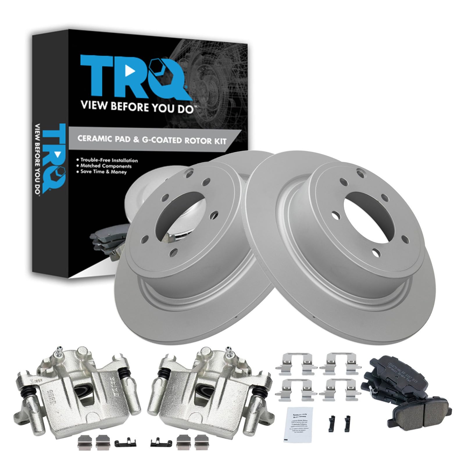 TRQ Rear Brake Pad and Rotor Set Ceramic G Coated Rotors Calipers Compatible with 2013 Mitsubishi Outlander