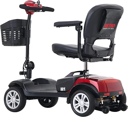 Miniatura 5 de Patinete de movilidad de 4 ruedas, funciona con pilas y cesta delantera, asiento plegable compacto (rojo, 28.5 pulgadas, protector contra viento y