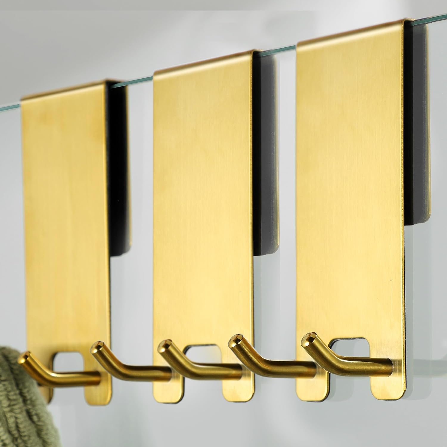 Shower Door Hooks– Shower Squeegee Hooks for Towel on Frameless Glass, Gold Stainless Steel, 3-Pack
