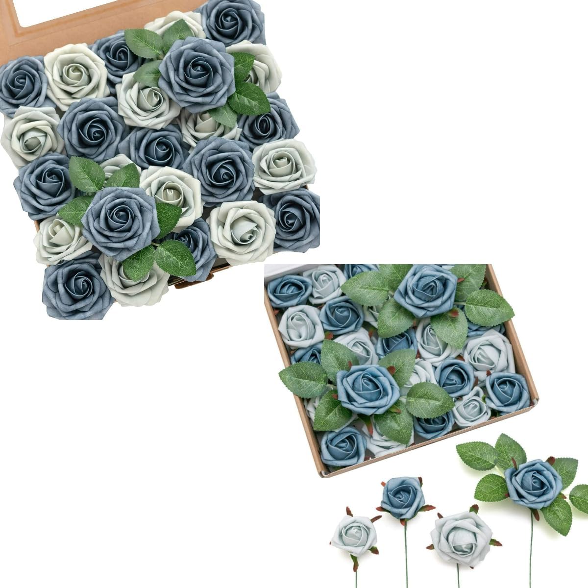 Ling's Moment Artificial Flowers Dusty Blue Flowers 25pcs Realistic Dutch Blue & Dusty Blue Fake Roses w/Stem for DIY Wedding Bouquets Centerpieces Floral Arrangements Decorations