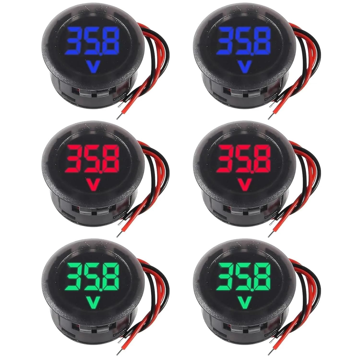 2pcs DC 4-100V Car Voltage Gauge LED Digital Display 12V 24V Waterproof Voltmeter Round Panel Voltage Meter Volt Detector Tester(Green)