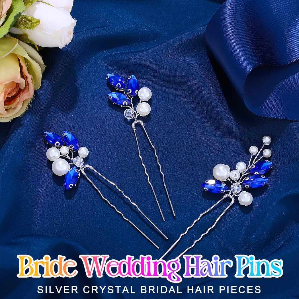 HEREAD Blue Crystal Bride Wedding Hair Pins Silver Pearl Bridal Hair Pieces Rhinestones Hair Accessories for Women and Girls(Pack of 3) (Silver) - Image 3