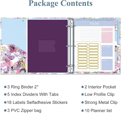 Miniatura 2 de 3 Ring Binder, 2 Inches Round Ring Binder with Clipboard, Dividers Tabs, PVC Zipper Bag Sleeves & to Do List Planners for Women, Men, School, Office