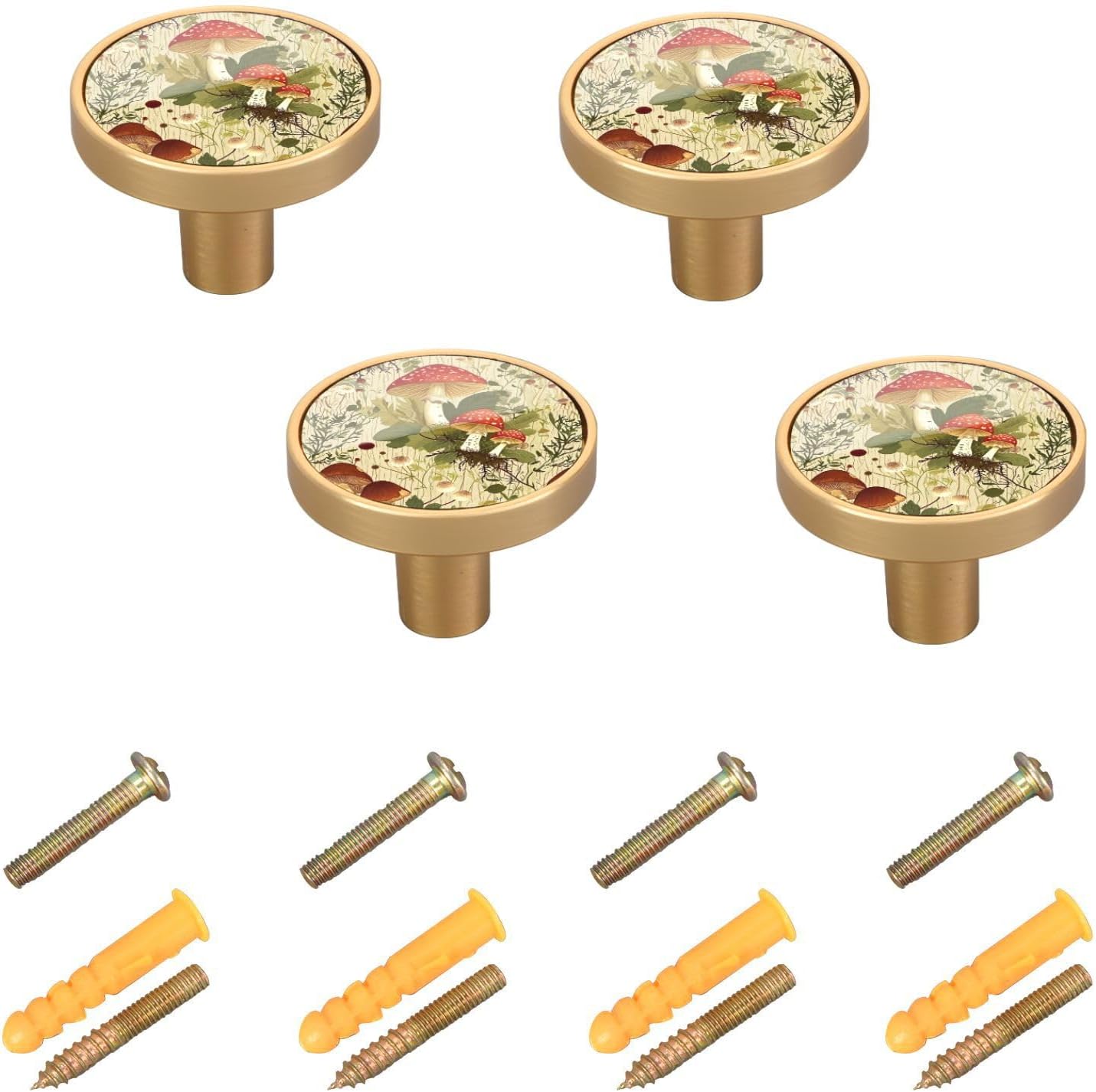 Kigai Mushroom Leaf Cabinet Knobs Set of 4, 1-1/4 Inch Round Drawer Knobs Kitchen Cupboard Door Dresser Pulls Furniture Hardware with Mounting Screws