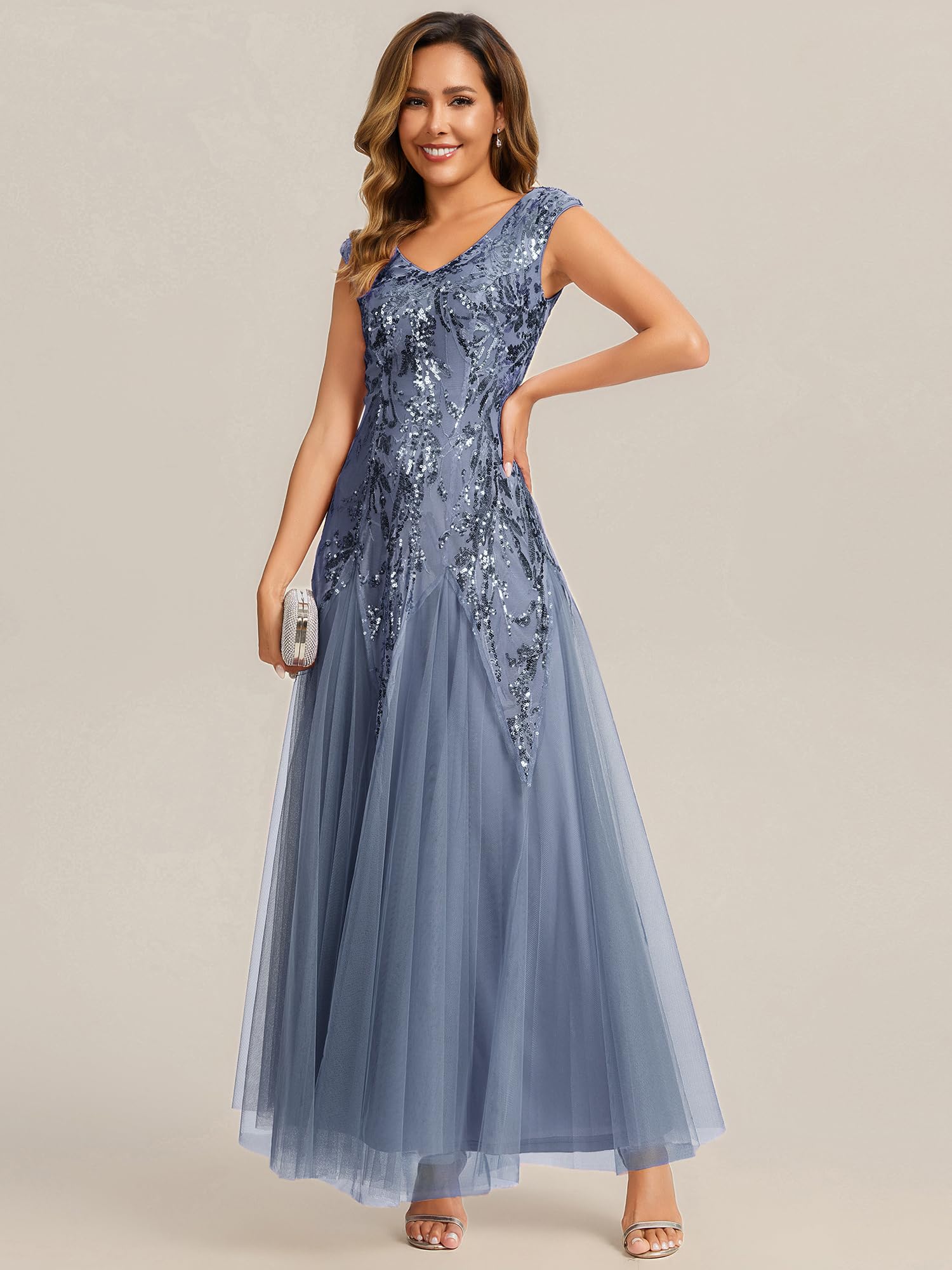 Ever-Pretty Ballkleider Damen Lang Pailletten Ärmelloses Abendkleid mit V-Ausschnitt für Kleid Silvester EE02559