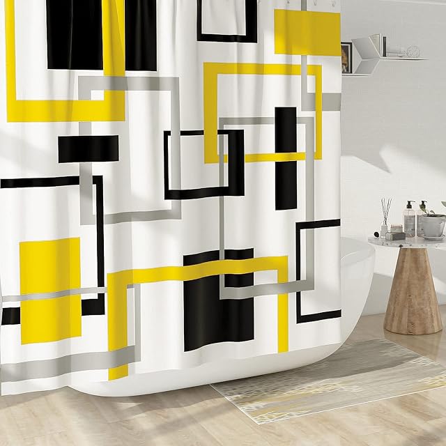 DESIHOM Yellow Geometric Shower Curtain Black Yellow Modern Shower Curtain Contemporary Shower Curtain Mid Century Shower Curtain Decorative Polyester Waterproof Shower Curtain 72x72 Inch